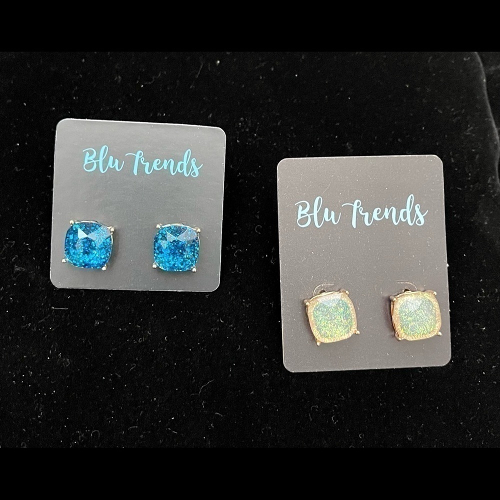 Blue or Iridescent Square Post Earrings